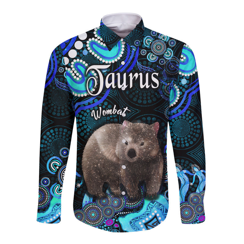 australian-astrology-hawaii-long-sleeve-button-shirt-taurus-wombat-zodiac-aboriginal-vibes-blue