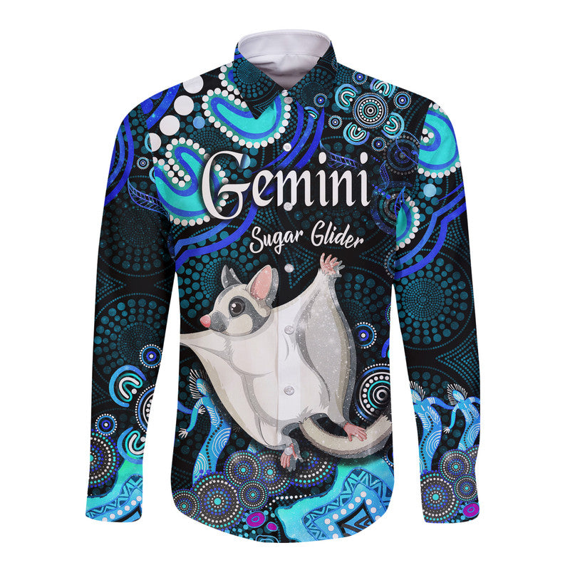 australian-astrology-hawaii-long-sleeve-button-shirt-gemini-sugar-glider-zodiac-aboriginal-vibes-blue