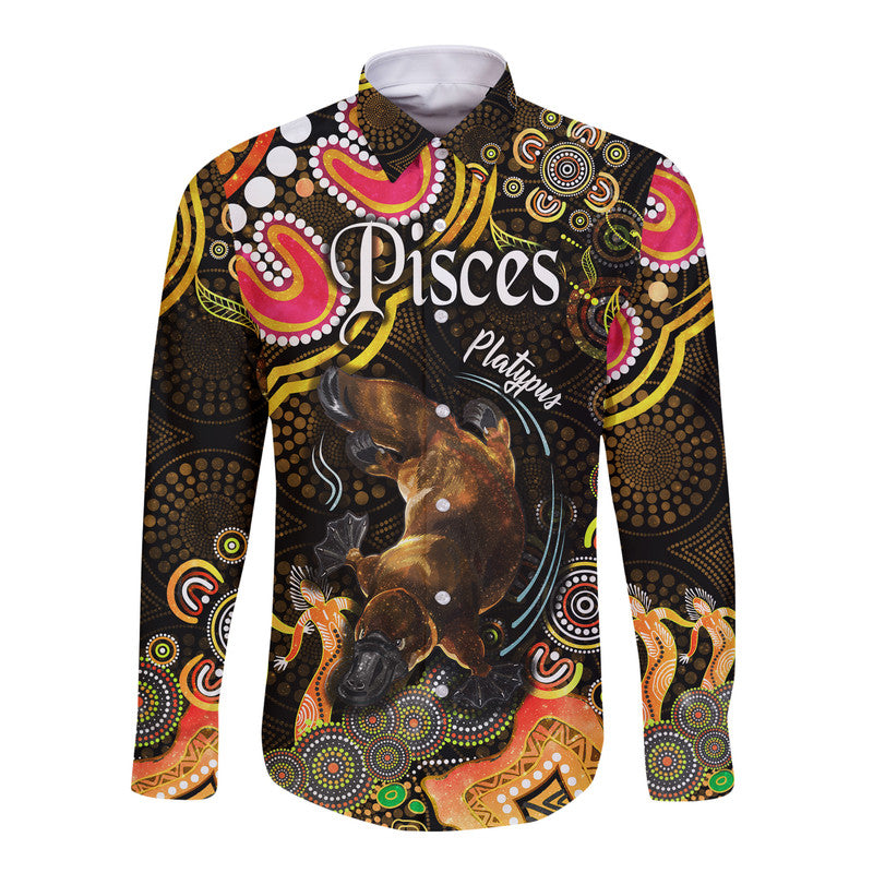 australian-astrology-hawaii-long-sleeve-button-shirt-pisces-platypus-zodiac-aboriginal-vibes-gold