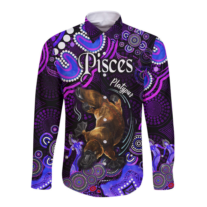 australian-astrology-hawaii-long-sleeve-button-shirt-pisces-platypus-zodiac-aboriginal-vibes-purple