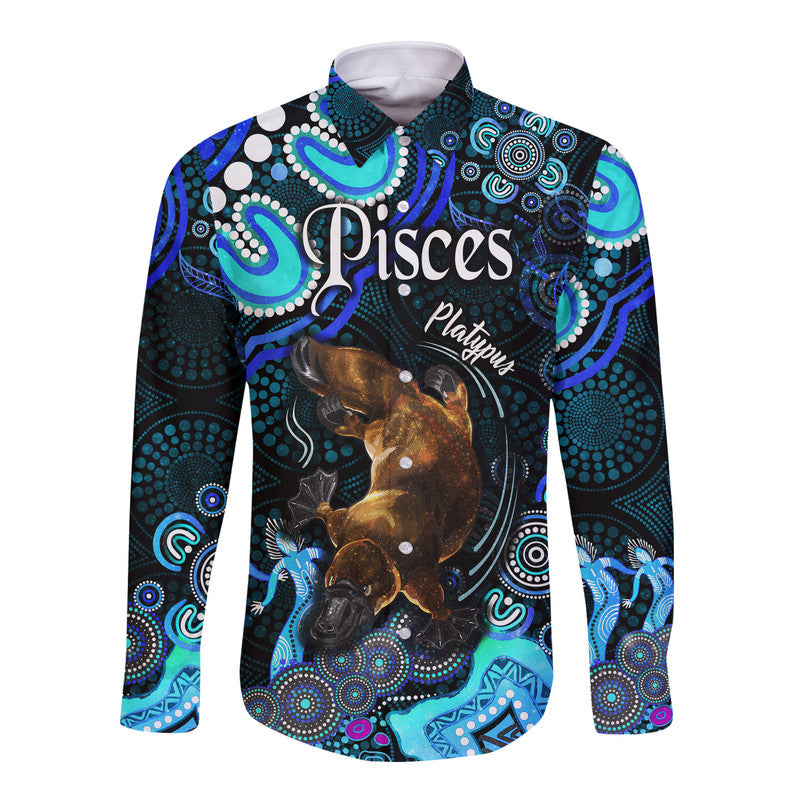 australian-astrology-hawaii-long-sleeve-button-shirt-pisces-platypus-zodiac-aboriginal-vibes-blue