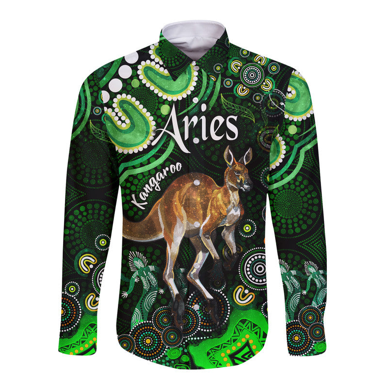 australian-astrology-hawaii-long-sleeve-button-shirt-aries-kangaroo-zodiac-aboriginal-vibes-green