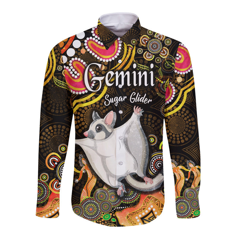 australian-astrology-hawaii-long-sleeve-button-shirt-gemini-sugar-glider-zodiac-aboriginal-vibes-gold