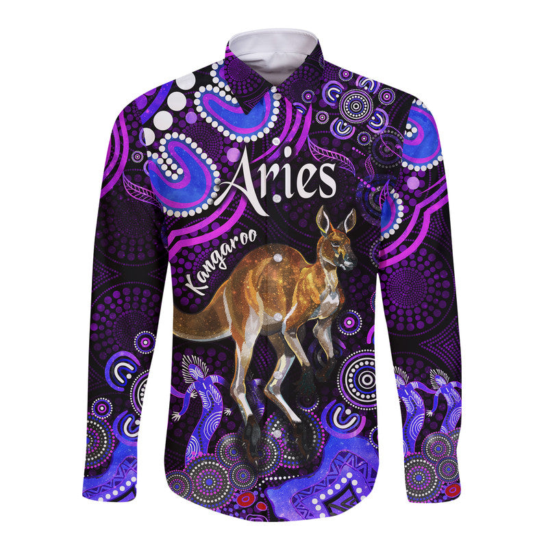 australian-astrology-hawaii-long-sleeve-button-shirt-aries-kangaroo-zodiac-aboriginal-vibes-purple