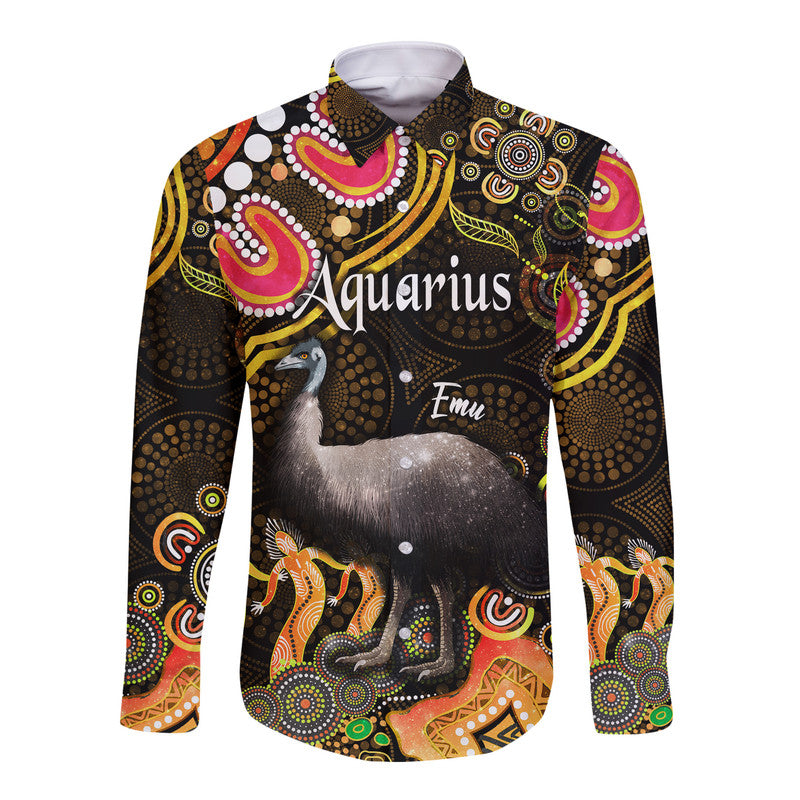 australian-astrology-hawaii-long-sleeve-button-shirt-aquarius-emu-glider-zodiac-aboriginal-vibes-gold