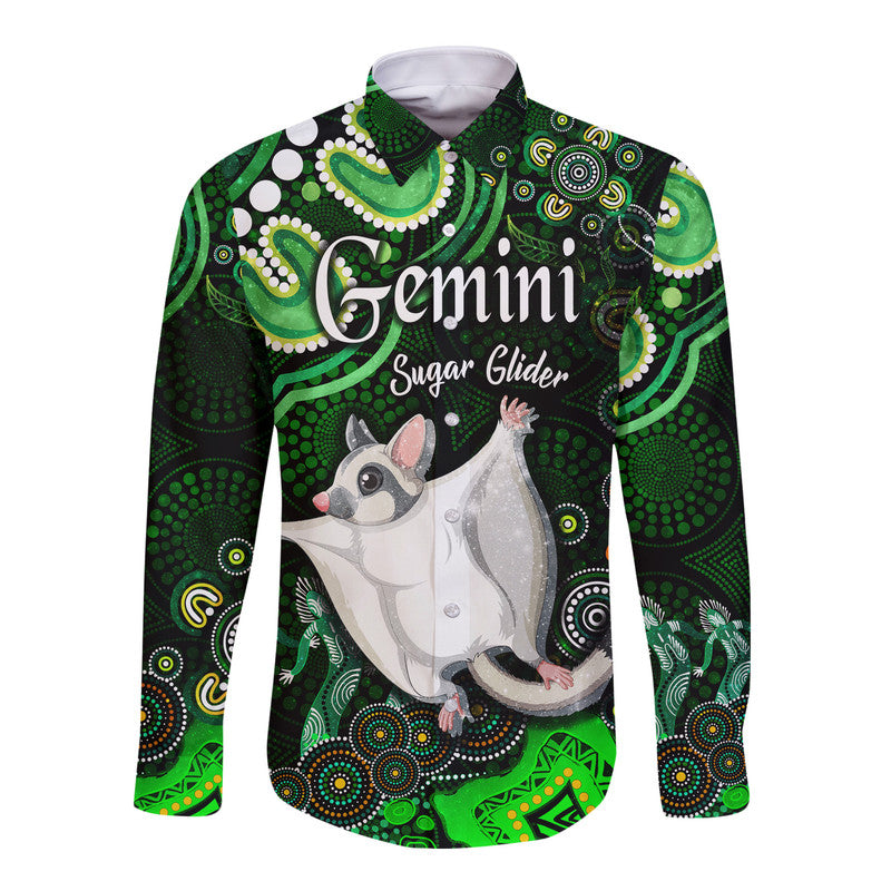 custom-personalised-australian-astrology-hawaii-long-sleeve-button-shirt-gemini-sugar-glider-zodiac-aboriginal-vibes-green