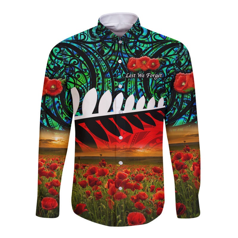 new-zealand-maori-anzac-hawaii-long-sleeve-button-shirt-poppy-vibes-turquoise