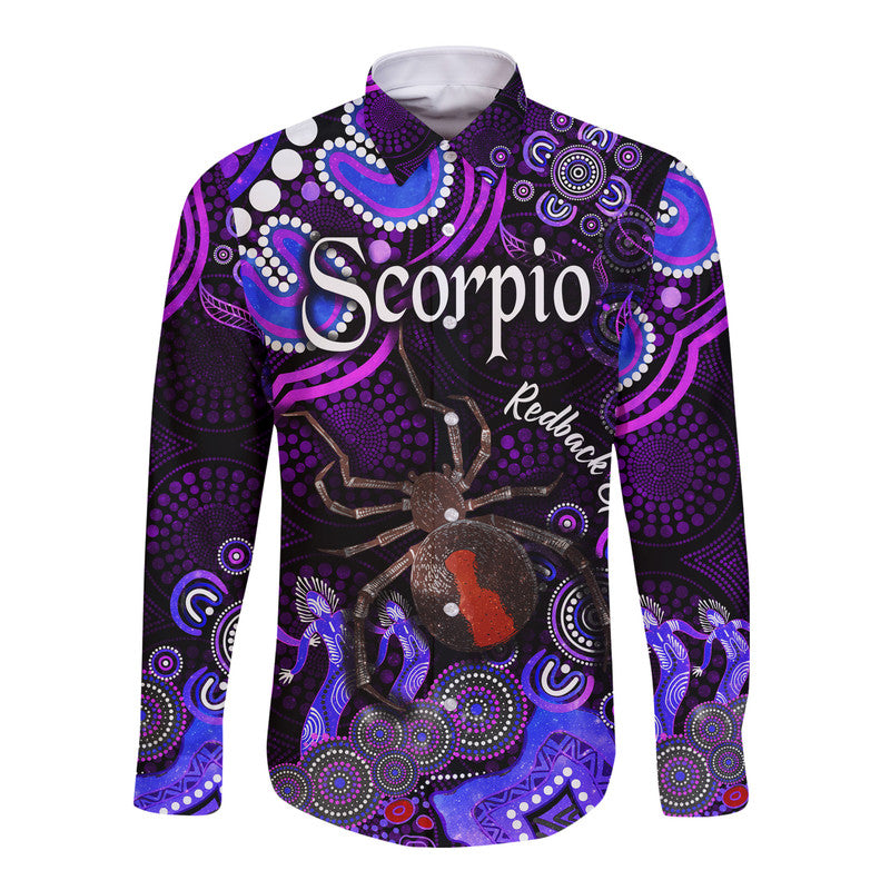 custom-personalised-australian-astrology-hawaii-long-sleeve-button-shirt-scorpio-redback-spider-zodiac-aboriginal-vibes-purple