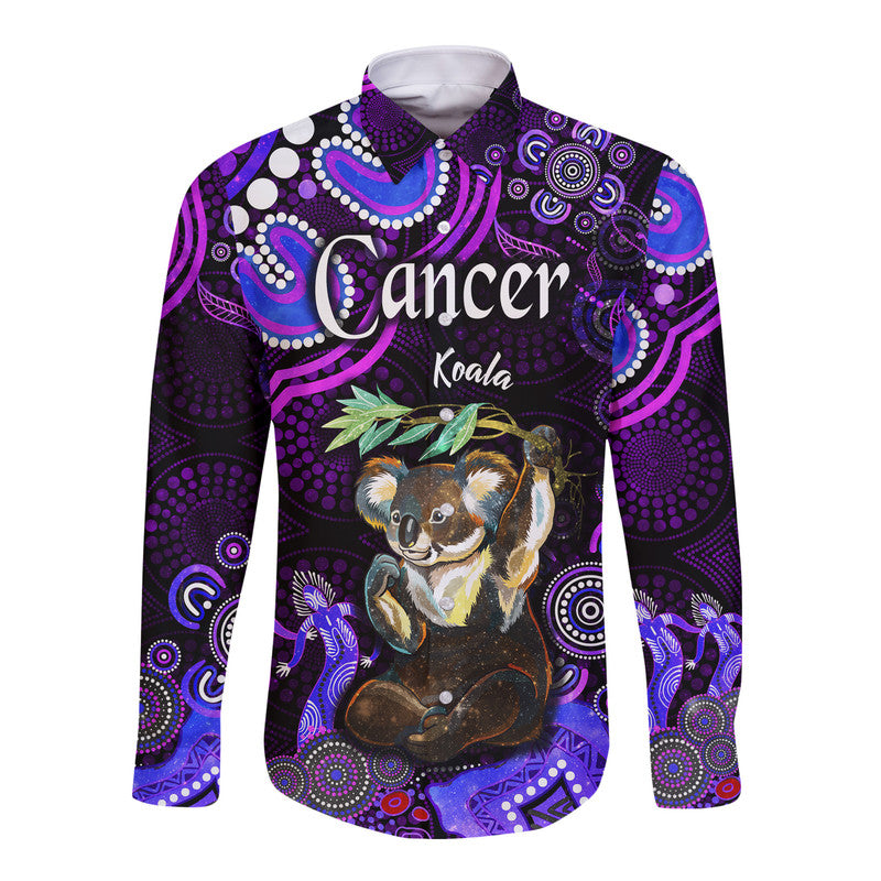 australian-astrology-hawaii-long-sleeve-button-shirt-cancer-koala-zodiac-aboriginal-vibes-purple