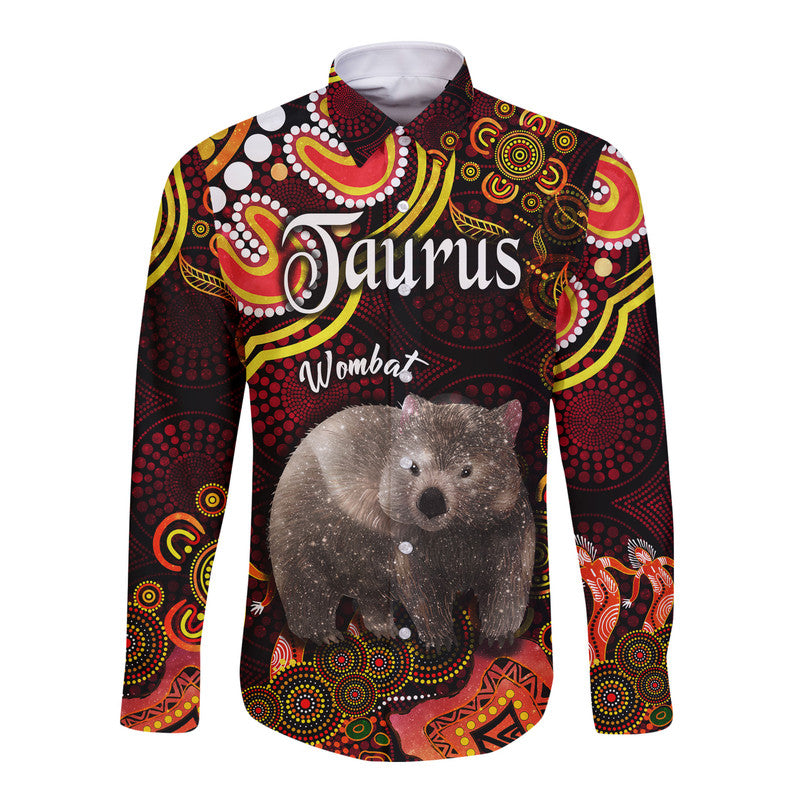 australian-astrology-hawaii-long-sleeve-button-shirt-taurus-wombat-zodiac-aboriginal-vibes-red