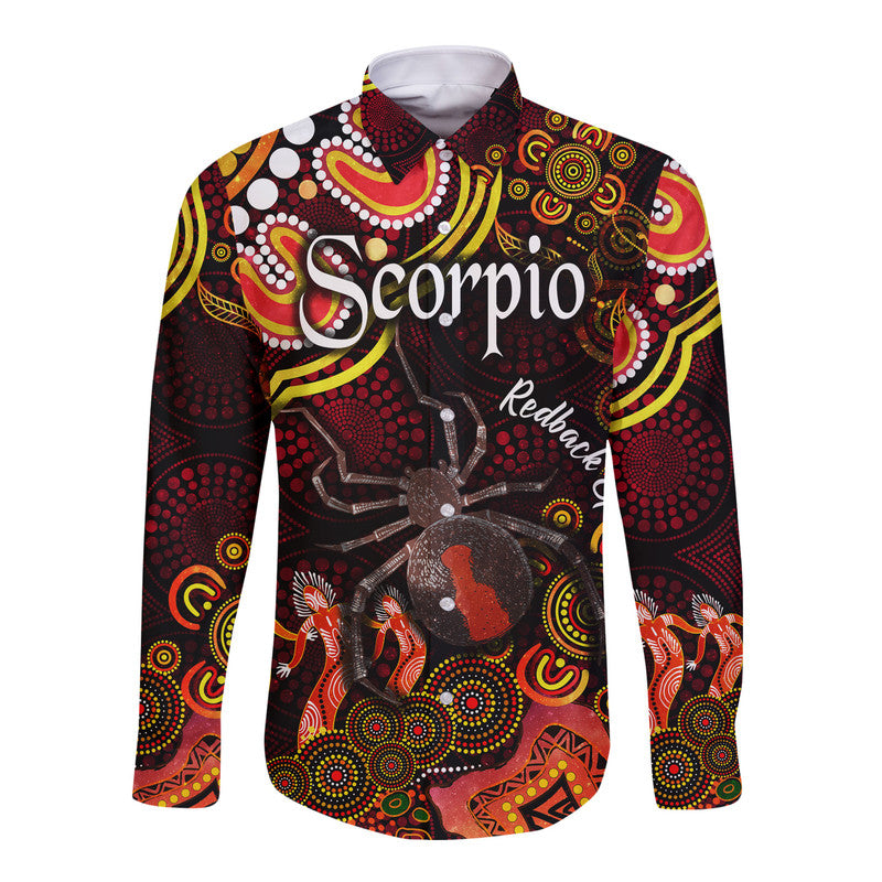 custom-personalised-australian-astrology-hawaii-long-sleeve-button-shirt-scorpio-redback-spider-zodiac-aboriginal-vibes-red