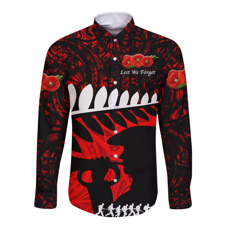 custom-personalised-new-zealand-maori-anzac-hawaii-long-sleeve-button-shirt-remembrance-soldier-red