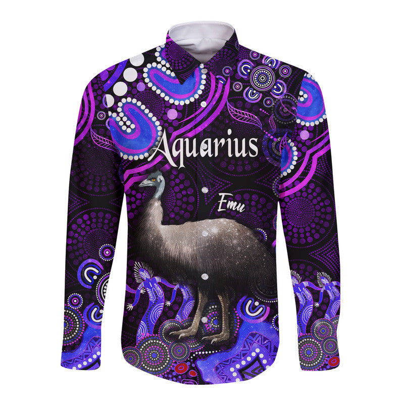 australian-astrology-hawaii-long-sleeve-button-shirt-aquarius-emu-glider-zodiac-aboriginal-vibes-purple