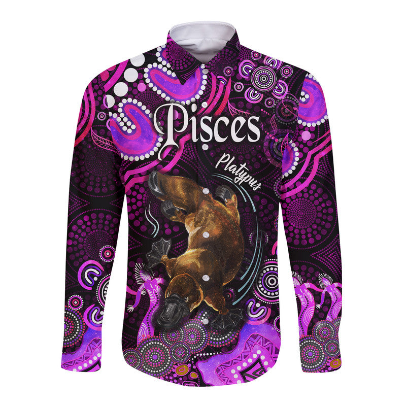 australian-astrology-hawaii-long-sleeve-button-shirt-pisces-platypus-zodiac-aboriginal-vibes-pink