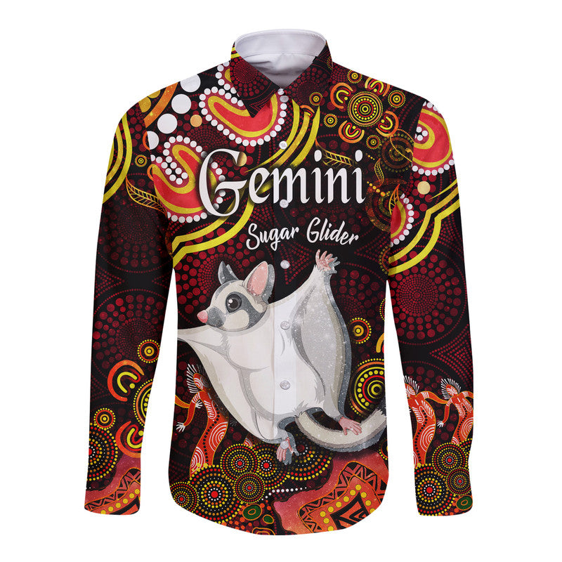 custom-personalised-australian-astrology-hawaii-long-sleeve-button-shirt-gemini-sugar-glider-zodiac-aboriginal-vibes-red