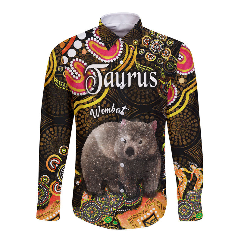 australian-astrology-hawaii-long-sleeve-button-shirt-taurus-wombat-zodiac-aboriginal-vibes-gold