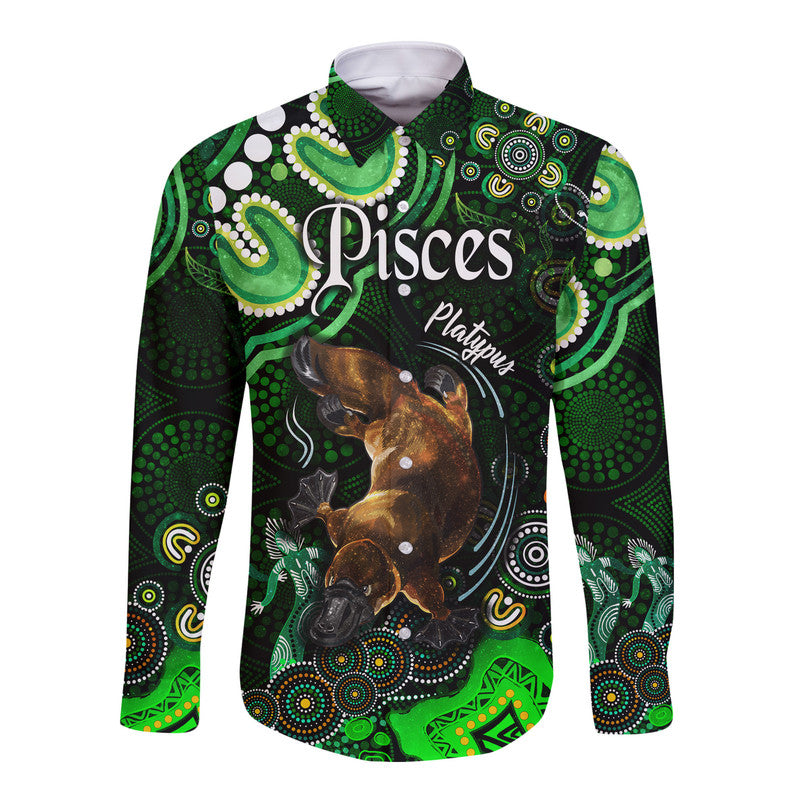 australian-astrology-hawaii-long-sleeve-button-shirt-pisces-platypus-zodiac-aboriginal-vibes-green