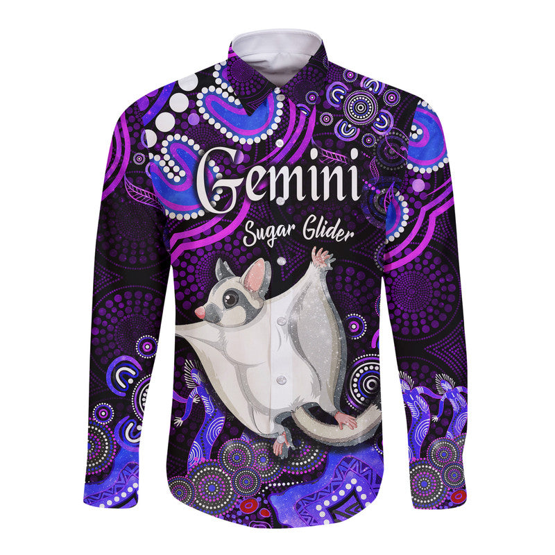 australian-astrology-hawaii-long-sleeve-button-shirt-gemini-sugar-glider-zodiac-aboriginal-vibes-purple