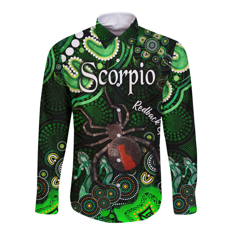 custom-personalised-australian-astrology-hawaii-long-sleeve-button-shirt-scorpio-redback-spider-zodiac-aboriginal-vibes-green