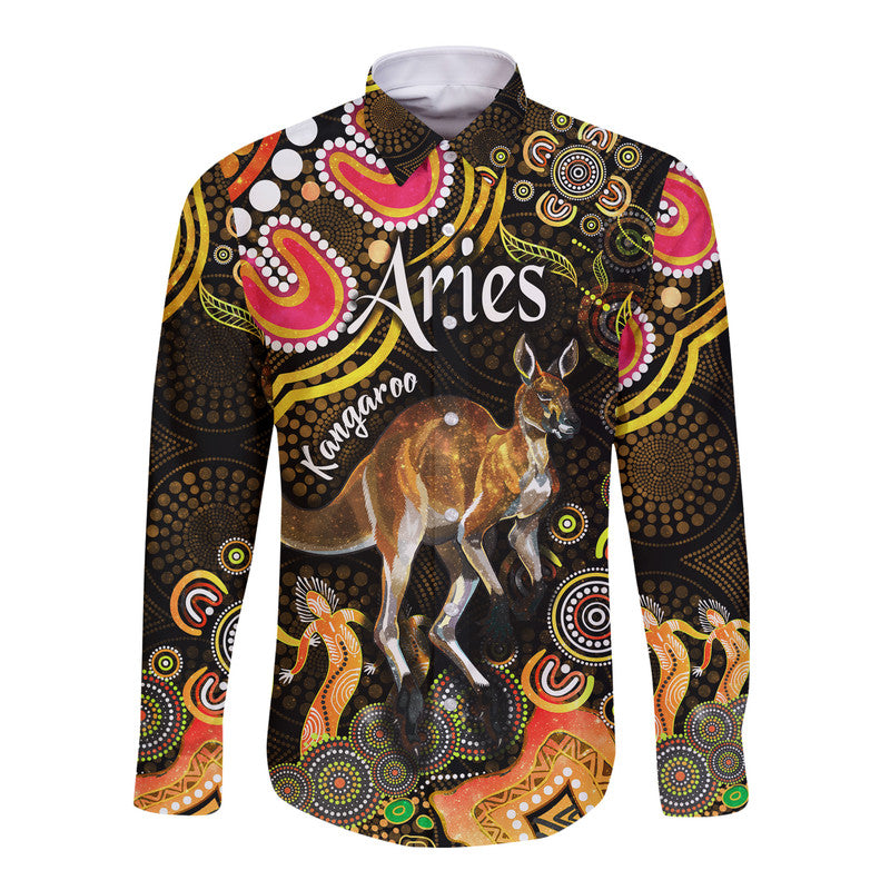 australian-astrology-hawaii-long-sleeve-button-shirt-aries-kangaroo-zodiac-aboriginal-vibes-gold