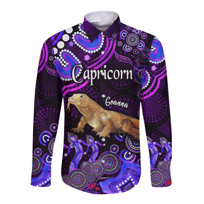 australian-astrology-hawaii-long-sleeve-button-shirt-capricorn-goanna-zodiac-aboriginal-vibes-purple