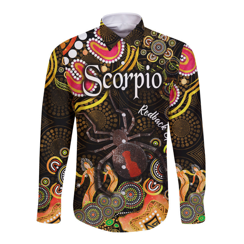 australian-astrology-hawaii-long-sleeve-button-shirt-scorpio-redback-spider-zodiac-aboriginal-vibes-gold