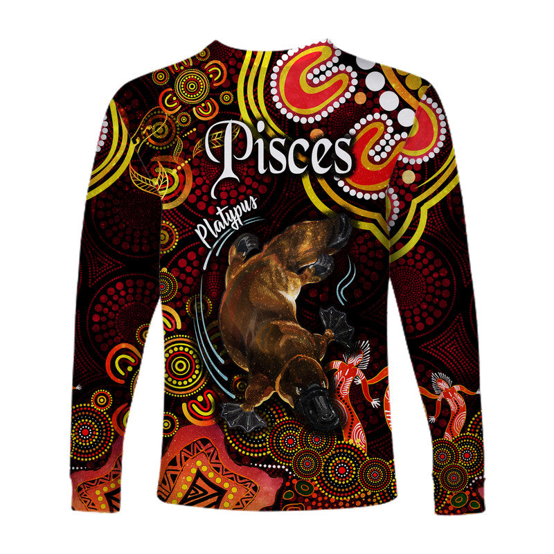 australian-astrology-long-sleeve-shirt-pisces-platypus-zodiac-aboriginal-vibes-red