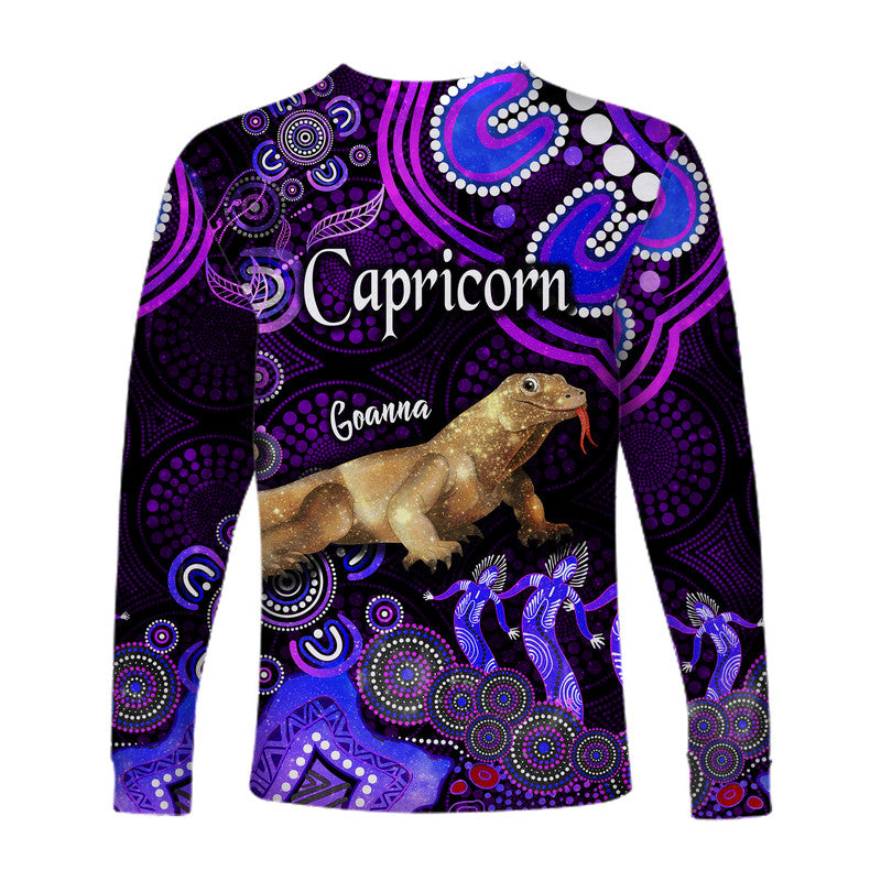 australian-astrology-long-sleeve-shirt-capricorn-goanna-zodiac-aboriginal-vibes-purple