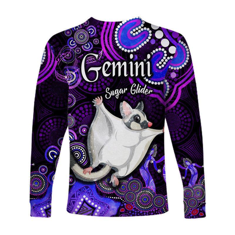 australian-astrology-long-sleeve-shirt-gemini-sugar-glider-zodiac-aboriginal-vibes-purple