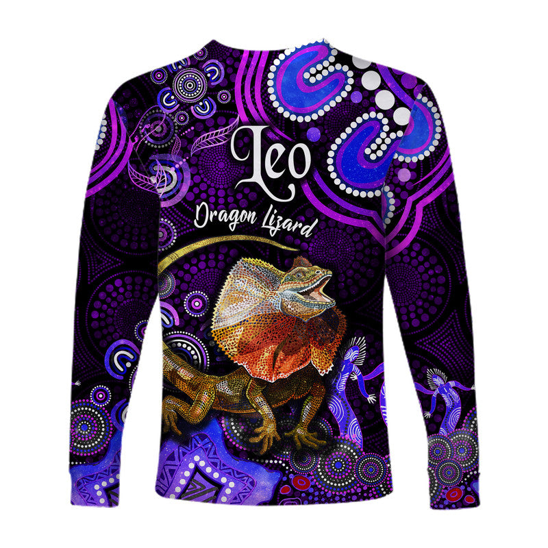 australian-astrology-long-sleeve-shirt-leo-dragon-lizard-zodiac-aboriginal-vibes-purple