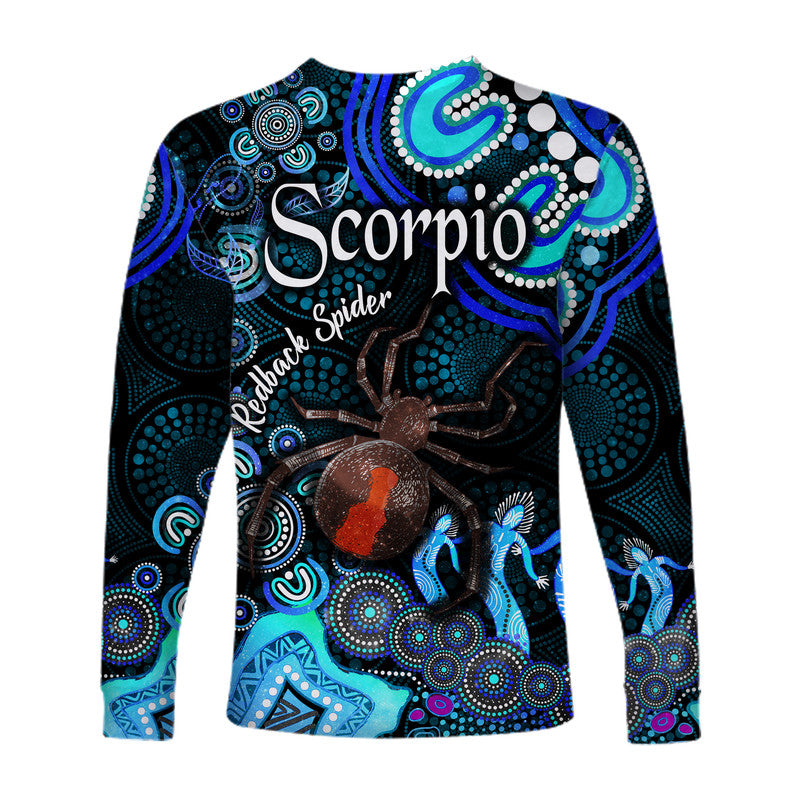 australian-astrology-long-sleeve-shirt-scorpio-redback-spider-zodiac-aboriginal-vibes-blue