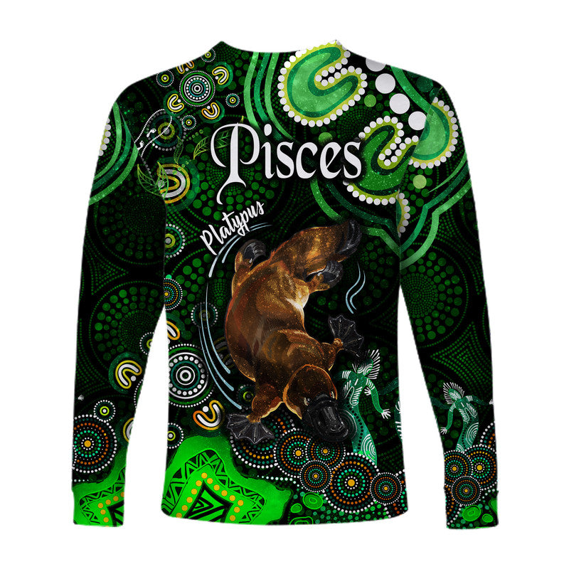 australian-astrology-long-sleeve-shirt-pisces-platypus-zodiac-aboriginal-vibes-green