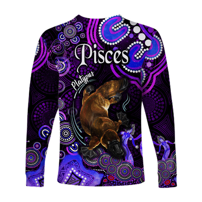 australian-astrology-long-sleeve-shirt-pisces-platypus-zodiac-aboriginal-vibes-purple