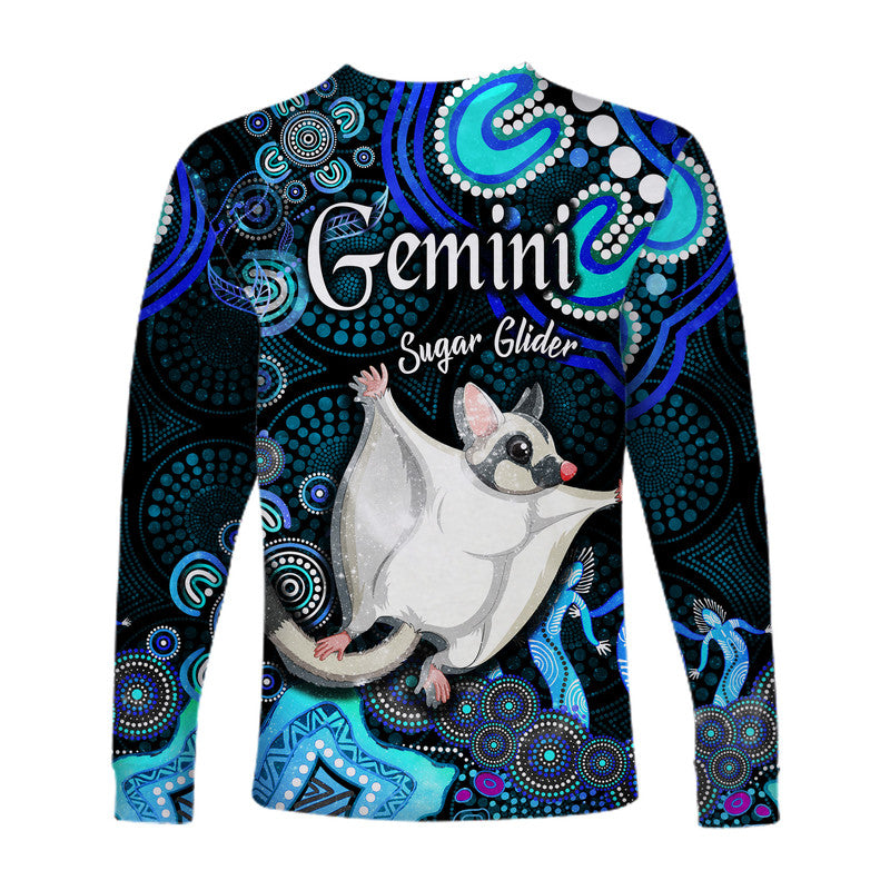 australian-astrology-long-sleeve-shirt-gemini-sugar-glider-zodiac-aboriginal-vibes-blue