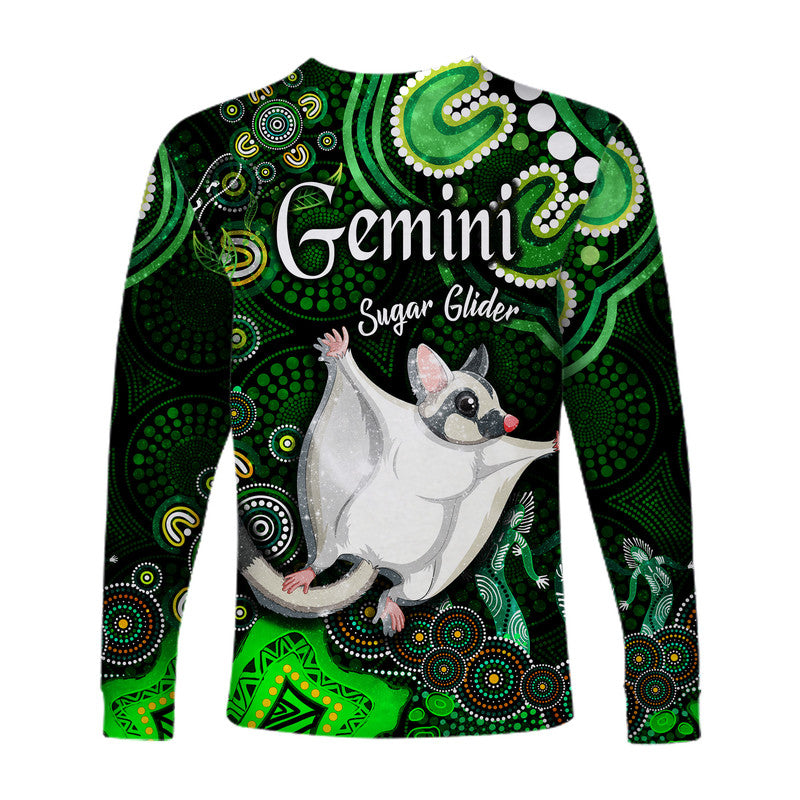 australian-astrology-long-sleeve-shirt-gemini-sugar-glider-zodiac-aboriginal-vibes-green