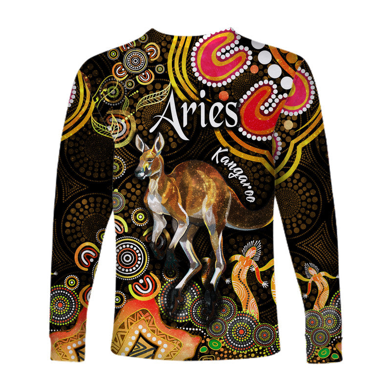 australian-astrology-long-sleeve-shirt-aries-kangaroo-zodiac-aboriginal-vibes-gold