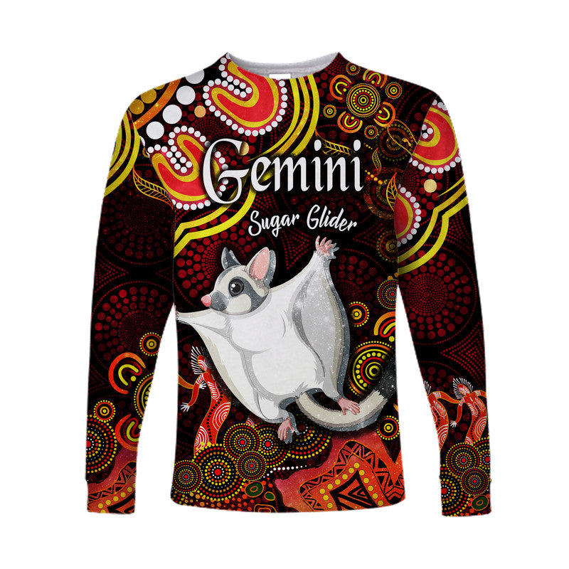 australian-astrology-long-sleeve-shirt-gemini-sugar-glider-zodiac-aboriginal-vibes-red