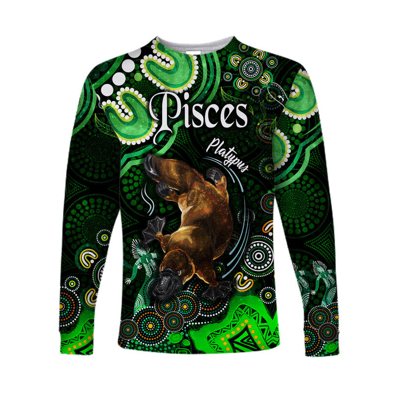 australian-astrology-long-sleeve-shirt-pisces-platypus-zodiac-aboriginal-vibes-green