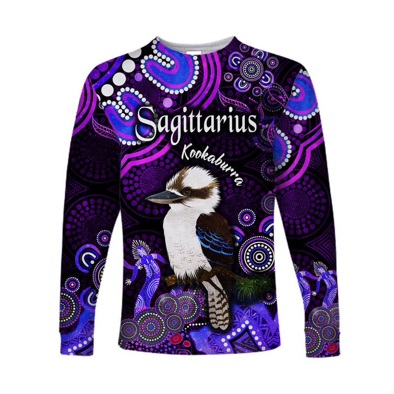 custom-personalised-australian-astrology-long-sleeve-shirt-sagittarius-kookaburra-zodiac-aboriginal-vibes-purple