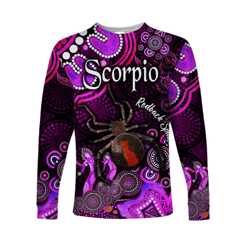 australian-astrology-long-sleeve-shirt-scorpio-redback-spider-zodiac-aboriginal-vibes-pink