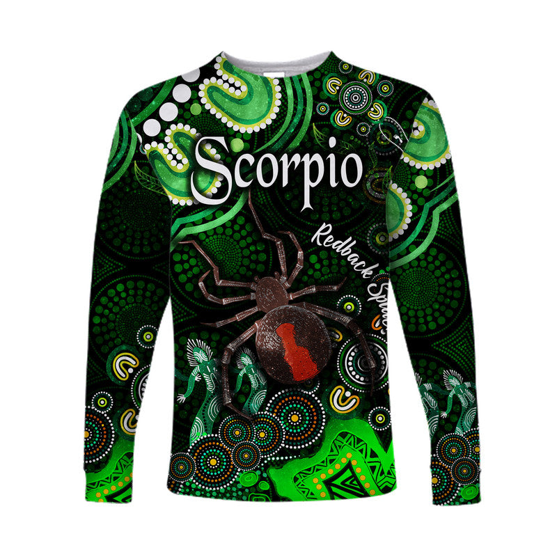 custom-personalised-australian-astrology-long-sleeve-shirt-scorpio-redback-spider-zodiac-aboriginal-vibes-green