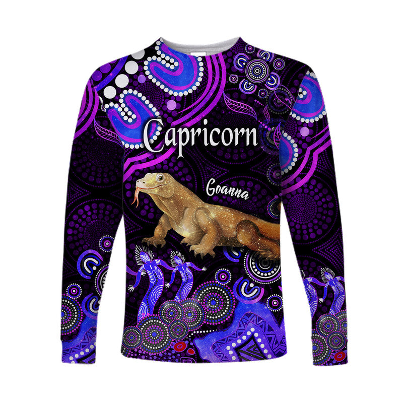 australian-astrology-long-sleeve-shirt-capricorn-goanna-zodiac-aboriginal-vibes-purple