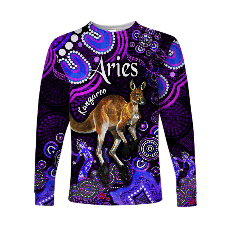 australian-astrology-long-sleeve-shirt-aries-kangaroo-zodiac-aboriginal-vibes-purple