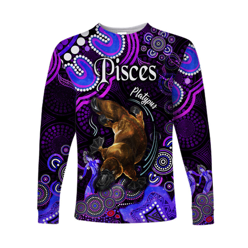 australian-astrology-long-sleeve-shirt-pisces-platypus-zodiac-aboriginal-vibes-purple