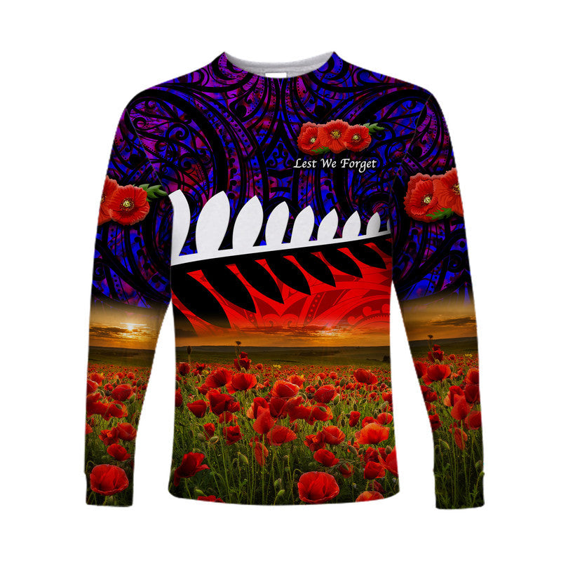 custom-personalised-new-zealand-maori-anzac-long-sleeve-shirt-poppy-vibes-purple