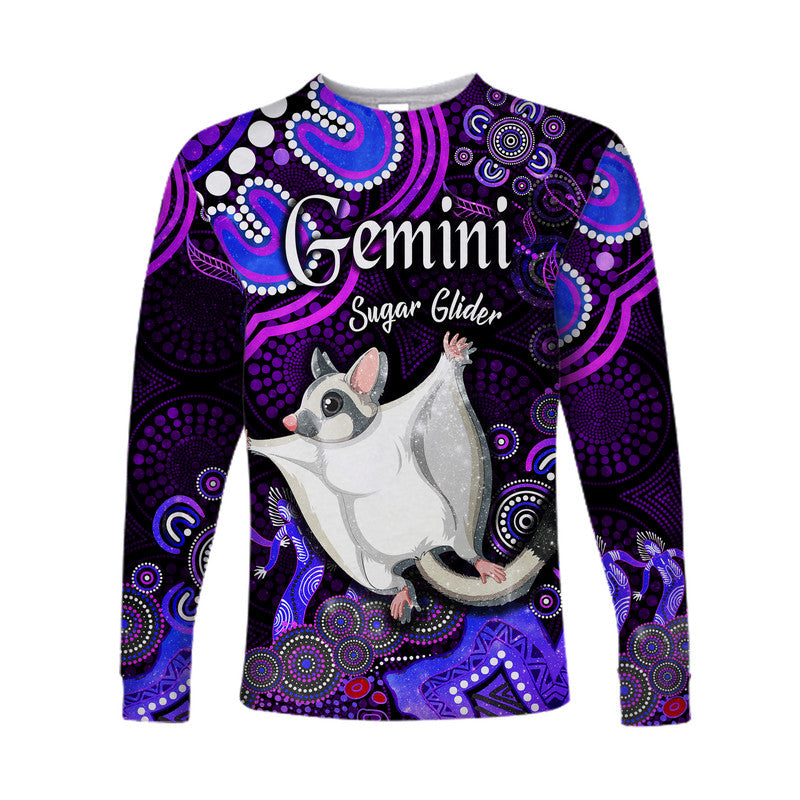 australian-astrology-long-sleeve-shirt-gemini-sugar-glider-zodiac-aboriginal-vibes-purple