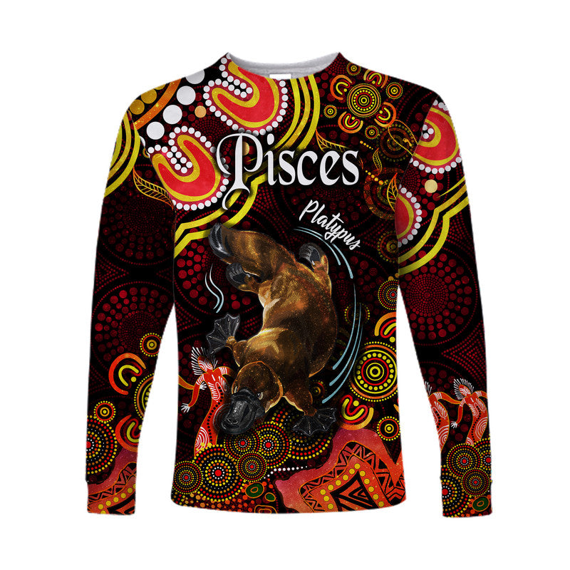 custom-personalised-australian-astrology-long-sleeve-shirt-pisces-platypus-zodiac-aboriginal-vibes-red