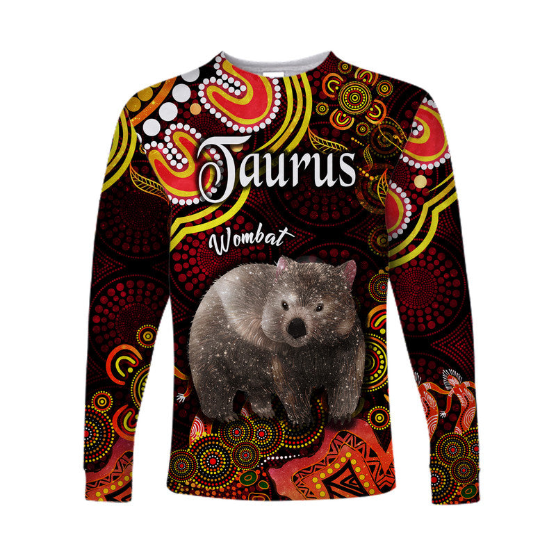 australian-astrology-long-sleeve-shirt-taurus-wombat-zodiac-aboriginal-vibes-red