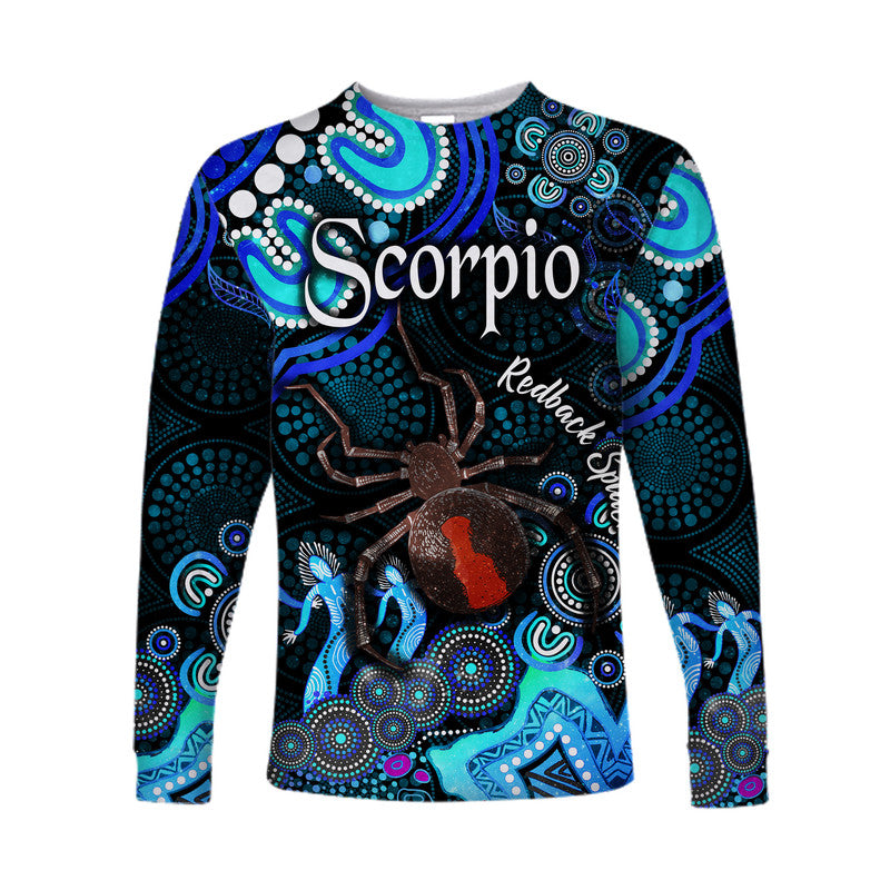 australian-astrology-long-sleeve-shirt-scorpio-redback-spider-zodiac-aboriginal-vibes-blue