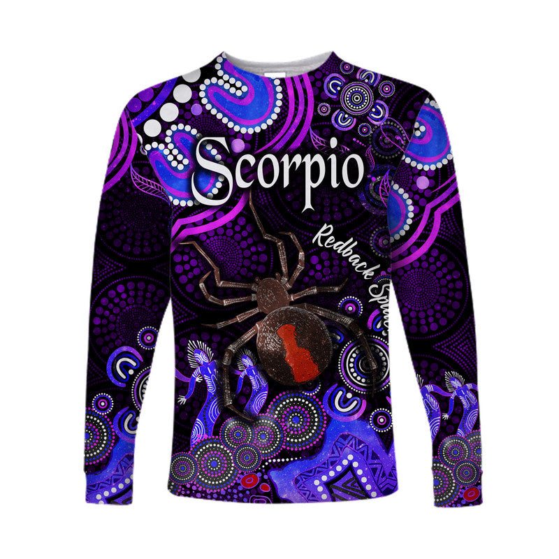 custom-personalised-australian-astrology-long-sleeve-shirt-scorpio-redback-spider-zodiac-aboriginal-vibes-purple